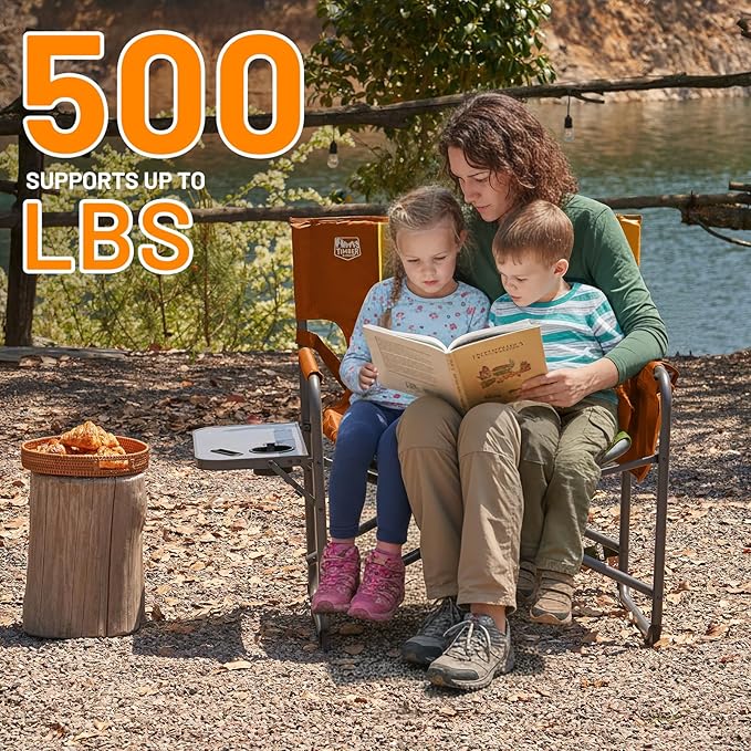 Timber Ridge XXL Director’s Chair – Heavy Duty Folding Chair with Side Table, 500 lb Capacity, Extra Wide Padded Seat for Camping, Sports, Beach, Patio, and Outdoor Use, Orange