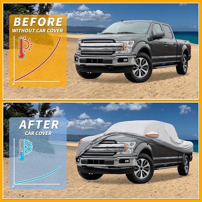 Universal Car Cover Waterproof All Weather 190T-PU, UV Sun Rain Protection, Fits for Truck Length 243"-250", with Left Side Zipper, Silver Tone