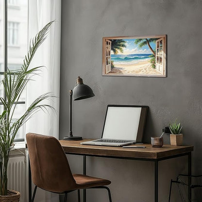 ANRUOXI Beach Wall Art, Blue Ocean Canvas Prints Wall Decor, Window Frame Style Sea Canvas Wall Decor, Ocean Seaside Painting, Nature Coastal Landscape Framed Artwork for Living Room Office 12x18 Inch