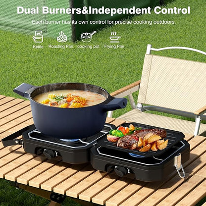 Camping Stove Portable Propane Camp Stove with Independently Adjustable Heat & Carry Bag, Foldable Gas Stove with 2 Burners for Outdoor Cooking,Tailgating & Backyard Gathering,BBQ (Black)