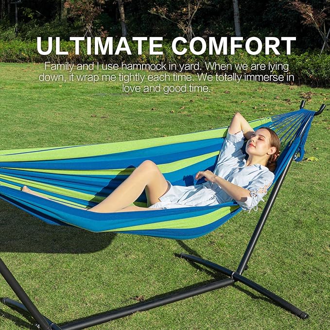 PNAEUT Double Hammocks with Stand for Outside, Portable Space Saving Heavy-Duty Steel Stand for Indoor Outdoor Patio with Carrying Bag, 450 lbs Capacity (Blue)