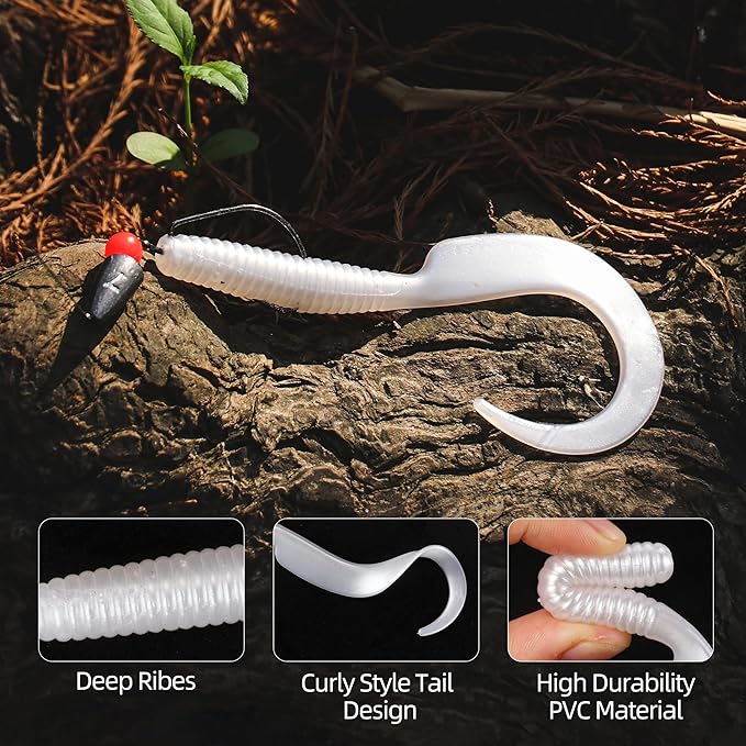 Curly Style Tail Worms Fishing Lures – Realistic Wavy Tail Soft Bait Grub Swimbaits for Saltwater & Freshwater Fishing, Available in 4 Inch & 6 Inch, Perfect for Bass, Trout, Crappie, & More