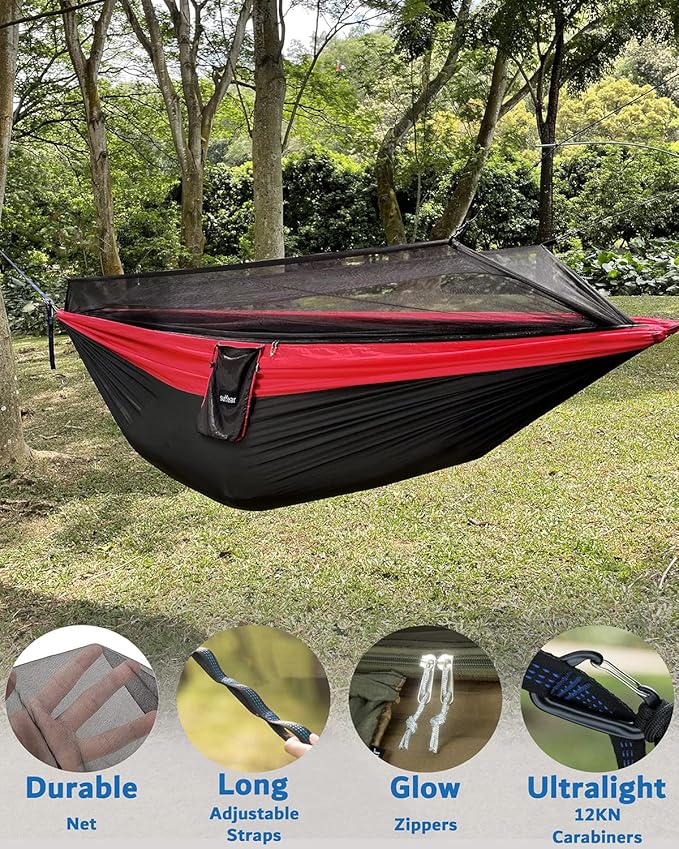 Sunyear Camping Hammock, Portable Single & Double Hammock with Net, 2 Person Hammock Tent with 2 * 10ft Straps, Best for Outdoor Hiking Survival Travel