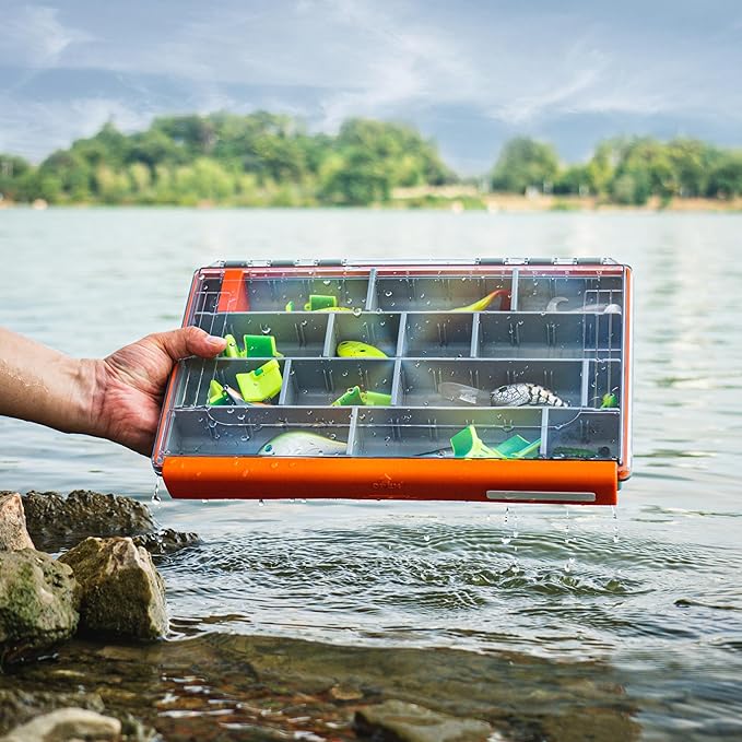 RUNCL Fishing Tackle Box - 360° Waterproof Tackle Trays, 3700 Fishing Tackle Box Organizer with Adjustable Dividers for Jigs Lures, Orange, 2 Pack