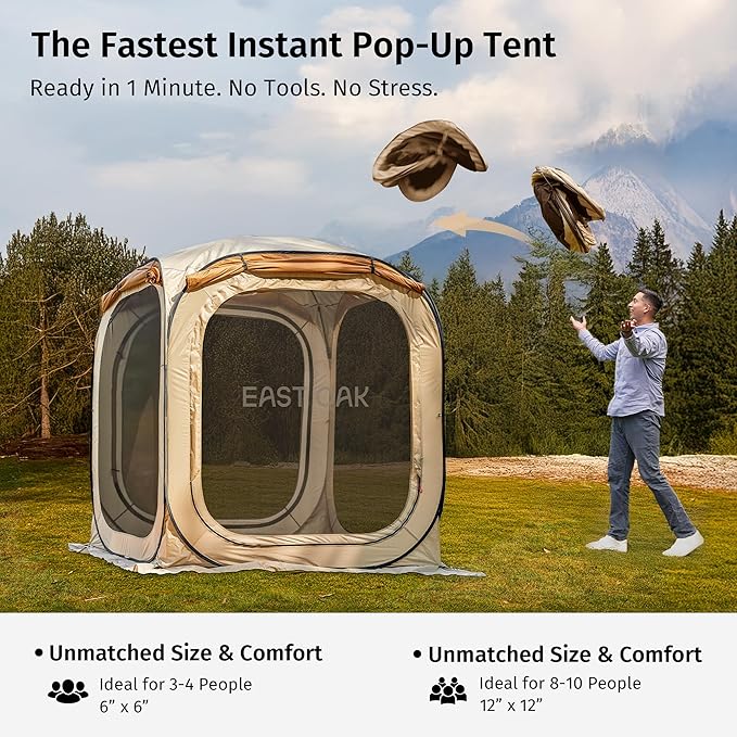 EAST OAK 6×6 FT Pop Up Canopy Tent with Mesh | Outdoor Screen House with 4 Sunshades | Instant Canopy with Portable Carry Bag | Gazebo Tent for Camping, Patio, and Beach | Beige