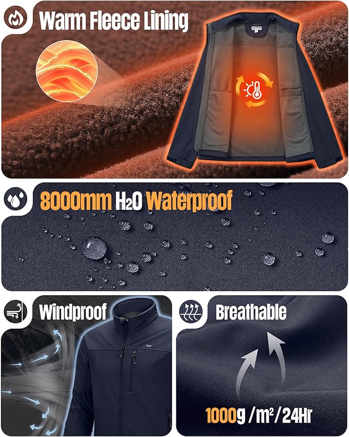 33,000ft Men's Waterproof Softshell Jacket Warm Fleece Lined Windbreaker Lightweight Soft Shell for Travel Hiking Golf