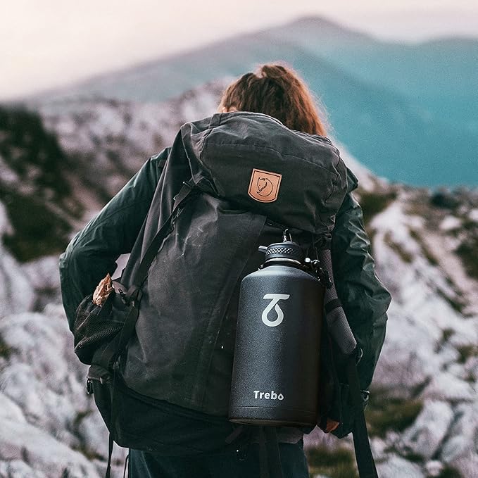 Trebo One Gallon Water Bottle Insulated with Paracord Handle,128oz Large Vacuum Double Wall Stainless Steel Insulated Jug with Straw Spout Handle Lids, Leakproof Keep Cold & Hot,Black