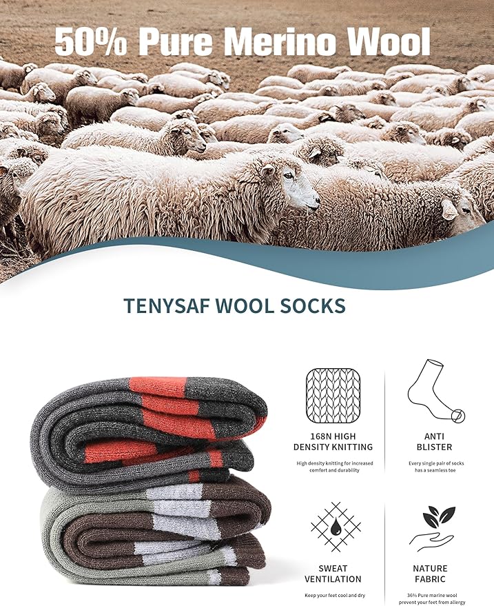 Wool Hiking Socks for Men - Women Lightweight Crew Merino Wool Socks with Cushion for Camping Hunting Work,4 pack