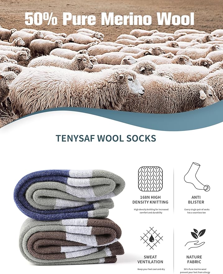 Wool Hiking Socks for Men - Women Lightweight Crew Merino Wool Socks with Cushion for Camping Hunting Work,4 pack