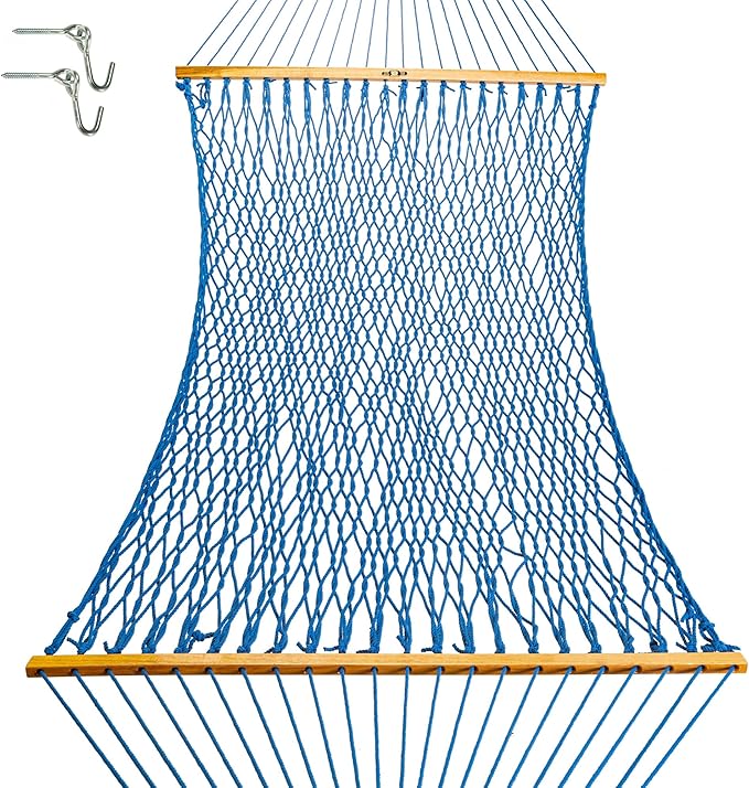 Original Pawleys Island Large Coatal Blue DuraCord Rope Hammock – 13 ft. x 55 in., 2-Person, 450 lb Capacity, Oak Spreader Bar, Zinc-Plated Hardware, Handcrafted in The USA