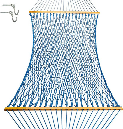 Original Pawleys Island Large Coatal Blue DuraCord Rope Hammock – 13 ft. x 55 in., 2-Person, 450 lb Capacity, Oak Spreader Bar, Zinc-Plated Hardware, Handcrafted in The USA