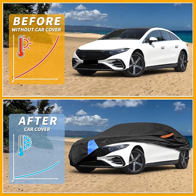 Waterproof All-Weather Universal Car Cover with Right Side Zipper, 190T Polyeste Black Blue Fits for Sedan Up to 165" Length