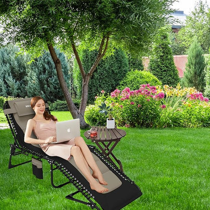 Oversized Padded Outdoor Folding Lounge Chair for Adults 330Ibs Patio Chaise Lounge Chair for Outside Adjustable 5-Position Reclining Beach Chair with Pillow Pocket