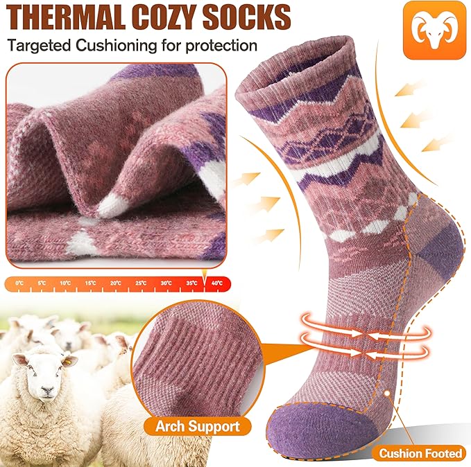 EBMORE Womens Merino Wool Hiking Socks Thermal Warm Winter Crew Cushion Work Boot Outdoor Socks 5 Pairs