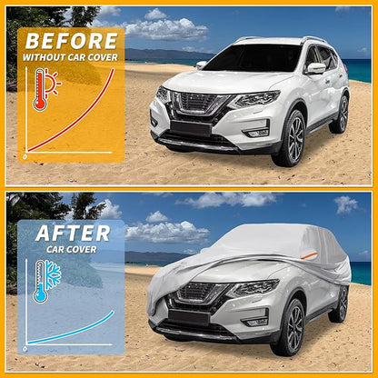 Universal Car Cover Waterproof All Weather 190T-PU, UV Sun Rain Protection, Fits for SUV Length 182"-190", with Left Side Zipper, Silver Tone