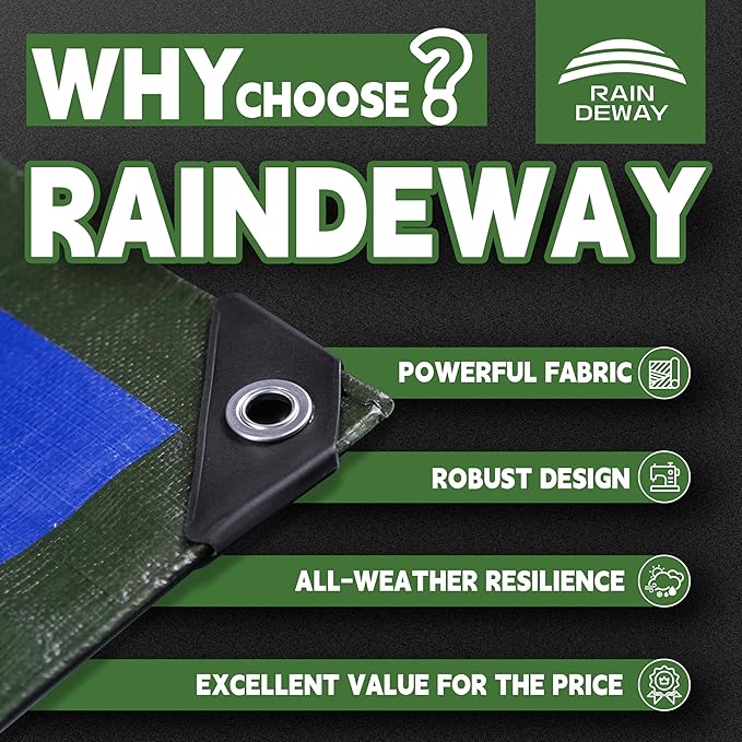 RAINDEWAY Tarps Heavy Duty Waterproof 16x20 Feet,10.5 Mil Waterproof Tarps for Outdoors,Multipurpose Poly Tarp Cover with Metal Grommets and Reinforced Edges,Green/Blue