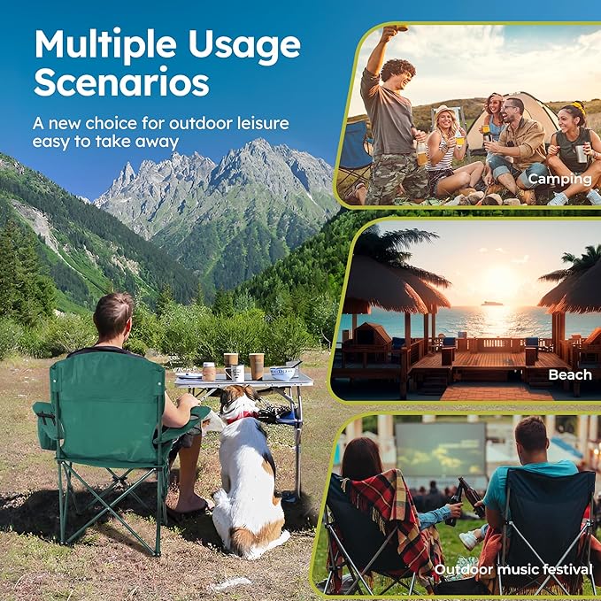 ALPHA CAMP Camping Chair 2 Pack Portable Chair with 3-Can Cooler Folding Chair with Side Pocket and Cup Holder, Collapsible for Camping, Tailgates, Beach, Fishing and Sports,2PC