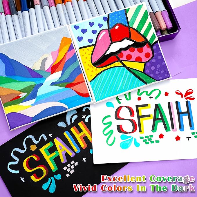 SFAIH Acrylic Paint Creative Markers, 24 Colors Dual Tips Drawing Markers, Ultra-High Coverage, No Bleed Water-Based Ink, Waterproof, Art Supplies for Paper, Fabric, Wood, Ceramic, Glass, Rock, Canvas