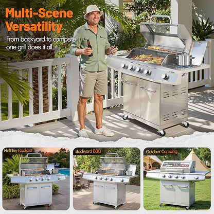 5-Burner Propane Gas Grill with Side Burner, 50,000 BTU, Stainless Steel 4+1 BBQ Grill, Porcelain-Enameled Cast Iron Grates,Locking Casters, Outdoor Grill for Patio & Backyard