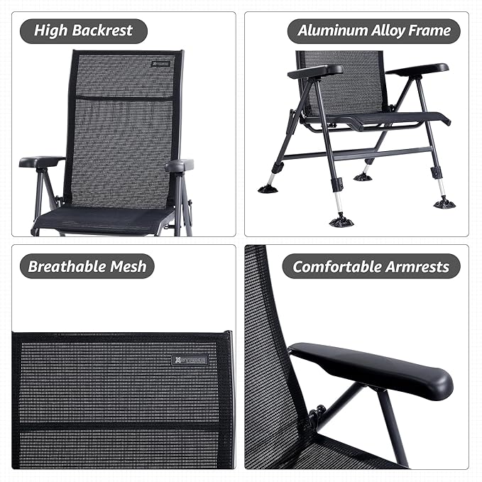 X Strike Folding Camping Chair Support 350 LBS, Outdoor Fishing Chair for Adults Breathable Mesh with Adjustable High Back Support and Leg, Aluminum Frame for Fishing, Camp, Lawn, Patio.