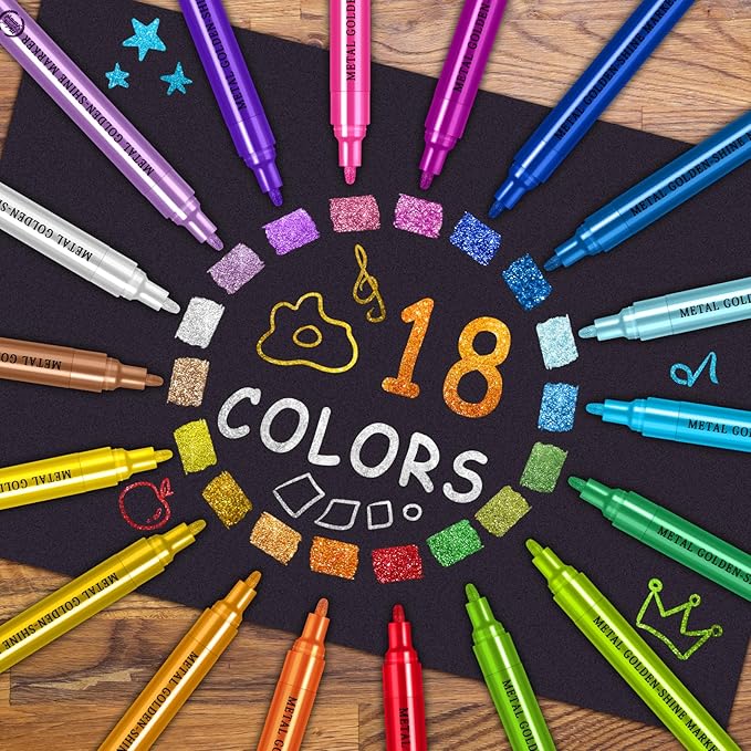 Betem Super Golden Metallic Paint Markers, 18 Colors Metallic Paint Pen Scrapbook Supplies, 2-3mm Medium Tips Glitter Markers for Black Paper, Albums, Rock Painting, Cards, Ceramic, Wood, DIY Crafts