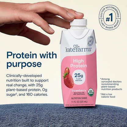 KATE FARMS Organic High Protein Strawberry Nutrition Shake, 25g Protein, 6g Fiber, 27 Vitamins and Minerals, 0g Sugar, Protein Drink, 11 oz (6 Pack)