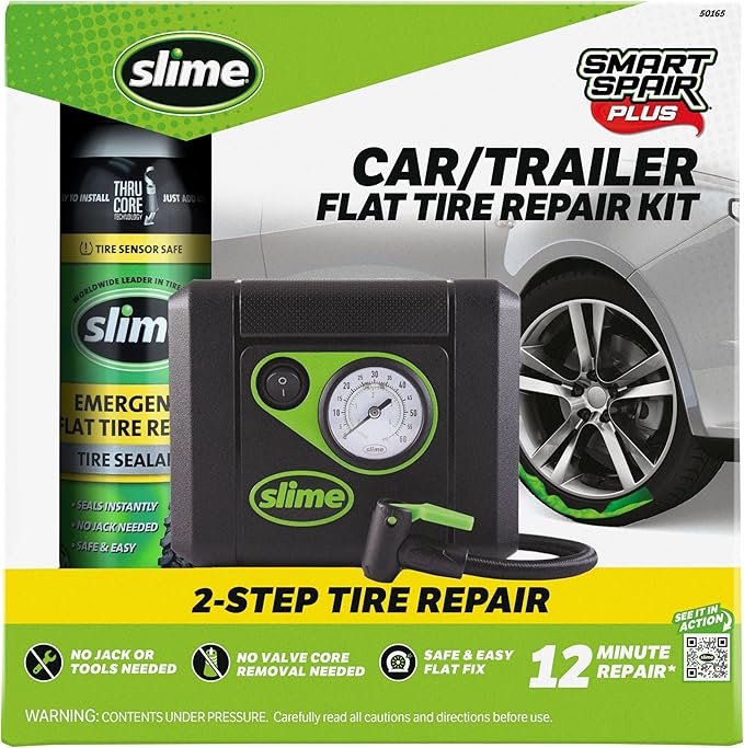 Slime 50165 Flat Tire Puncture Repair, Smart Spair Plus, Emergency Kit for Car Tires, Includes Sealant and Tire Inflator Pump, Suitable for Cars and Other Highway Vehicles, 12 Min Fix