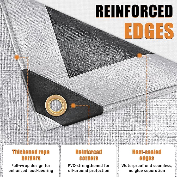 10x20FT Waterproof Tarp, Yumatum 16 Mil Heavy Duty Tarps with Reinforced Edges/Brass Grommets, 100% UV Blocking/Tear Resistant Poly Tarp for Camping, Patio, Tent, Boat(Silver/Black)