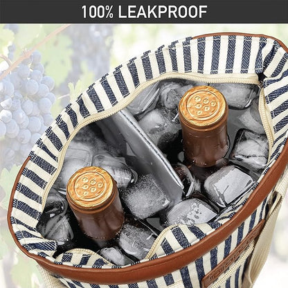 opux Two Bottle Wine Bag Carrier Tote, Insulated Leakproof 2 Bottle Wine Cooler Bag for Travel BYOB Picnic, Portable Wine Case, Gift for Men Women Wine Lover Birthday Party Christmas, Navy Stripes