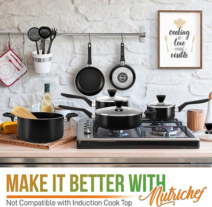 NutriChefKitchen 13-Piece Nonstick Kitchen Cookware Set -PTFE/PFOA/PFOS Free Heat Resistant Kitchen Ware Pots Pan Set w/ Saucepan,Frying Pans,Cooking Pots,Casserole,Lids,Ladle,Fork,Strainer-NCCWA13.5