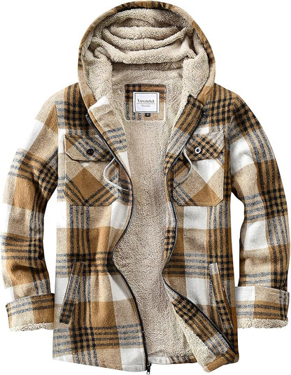 Men's Zip Up Flannel Shirt Jacket Fleece Lined Long Sleeve Plaid Coat Heavyweight Hoodie with Hood