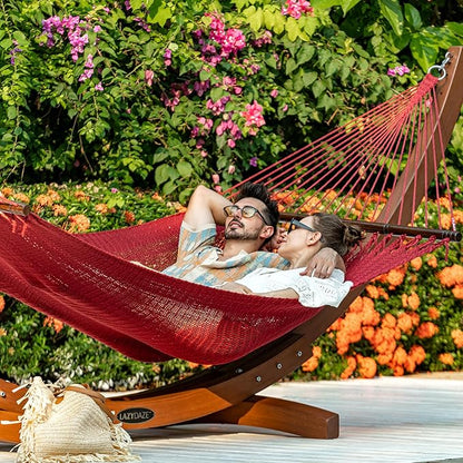 Lazy Daze Hammocks 10.5 FT Double 2 Person Caribbean Rope Hammock, Hand Woven Polyester Hammock with Spreader Bars, for Outside Outdoor Backyard Patio Poolside, 450 LBS Capacity,Red