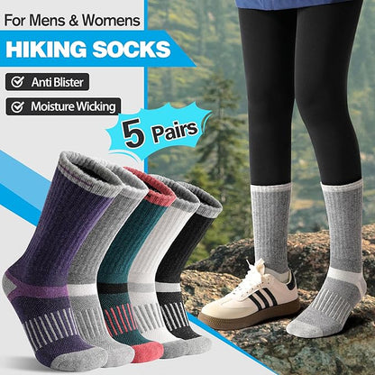 5 Pairs Merino Wool Hiking Socks Warm Thermal Winter Cozy Cushioned Moisture Wicking Socks for Women & Men