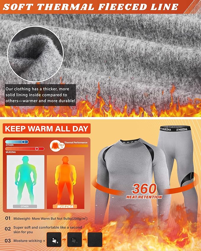 Muezna Men's Thermal Top and Bottom Set Underwear Long Johns Base Layer with Soft Fleece Lined