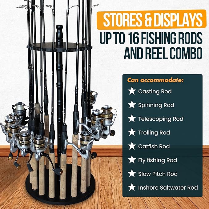 Rush Creek Creations | Fishing Rod Holder for 16 Rods, Fishing Pole Holder for Garage Organization and Storage, for Fishing Reels, Fishing Gear, Fishing Accessories, Tackle Box (360° Access)