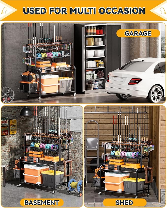 Fishing Rod Holder with 15-Pole Rack 3-Tier Fishing Cart for Fishing Accessories and Gear Storage, Perfect Fishing Pole Holders for Garage, Home or Shed, Ideal Fishing Gift for Men and savior