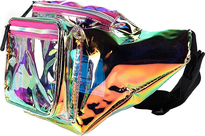 Holographic Clear Fanny Pack Belt Bag | Waterproof fanny pack for Women - Crossbody Bum Waist For Halloween costumes, Hiking, Running, Travel and Stadium Approved (Pink)