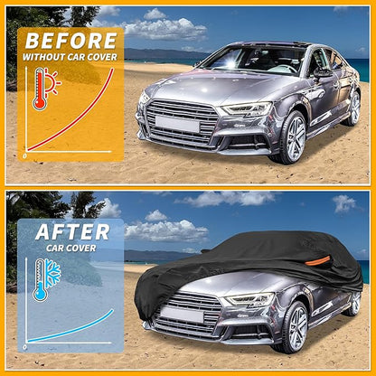 Universal Car Cover Waterproof All Weather 190T-PU, UV Sun Rain Protection, Fits for Sedan Length 178"-186", with Left Side Zipper, Black