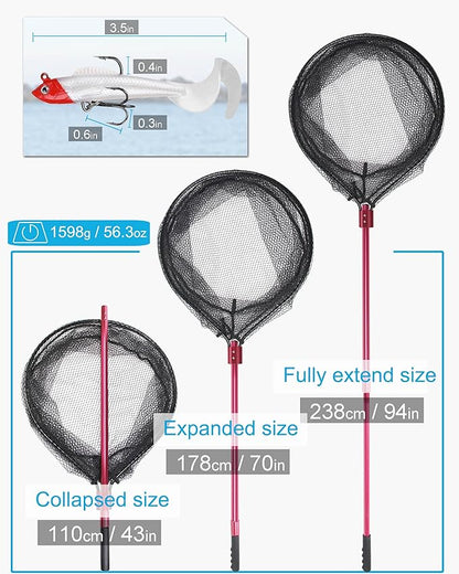 Heavy Duty Extra Large Aluminum Telescoping Landing Net - Saltwater Fishing Net with 6pcs Soft Jig Swimbait, Extends to 72-94in