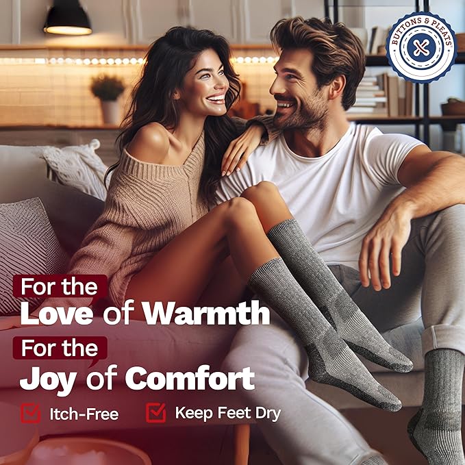 Buttons & Pleats Wool Socks for Men & Women Merino Thermal Warm Cozy Winter Boot Sock