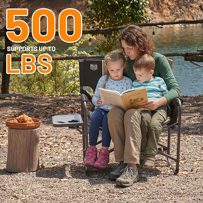 Timber Ridge XXL Director’s Chair – Heavy Duty Folding Chair with Side Table, 500 lb Capacity, Extra Wide Padded Seat for Camping, Sports, Beach, Patio, and Outdoor Use, Tan