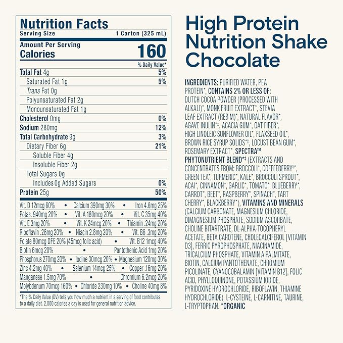 KATE FARMS Organic High Protein Chocolate Nutrition Shake, 25g Protein, 6g Fiber, 27 Vitamins and Minerals, 0g Sugar, Protein Drink, 11 oz (12 Pack)