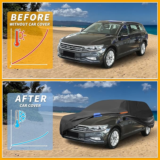 Waterproof All-Weather Universal Car Cover with Right Side Zipper, 210D-PU Black Blue Fits for Wagon 190" to 198" Length