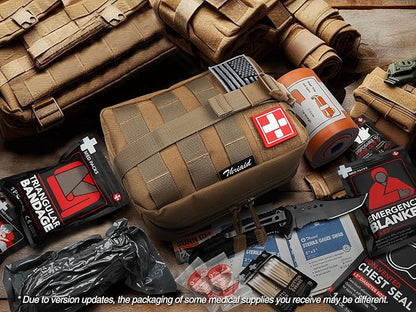 Survival First Aid Kit with Israeli Bandage, Splint, Chest Seal, Tactical Military Combat Molle IFAK for Wound Care, Bleeding Control, Trauma Hemorrhage and More