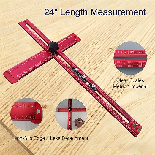 5-in-1 T Square Ruler 24 Inch, Multifunctional Drilling Positioning Ruler for Precision Hole Punching, Cabinet Hardware Jig, Adjustable Angle Ruler for Angle Measurement, Metric & Imperial