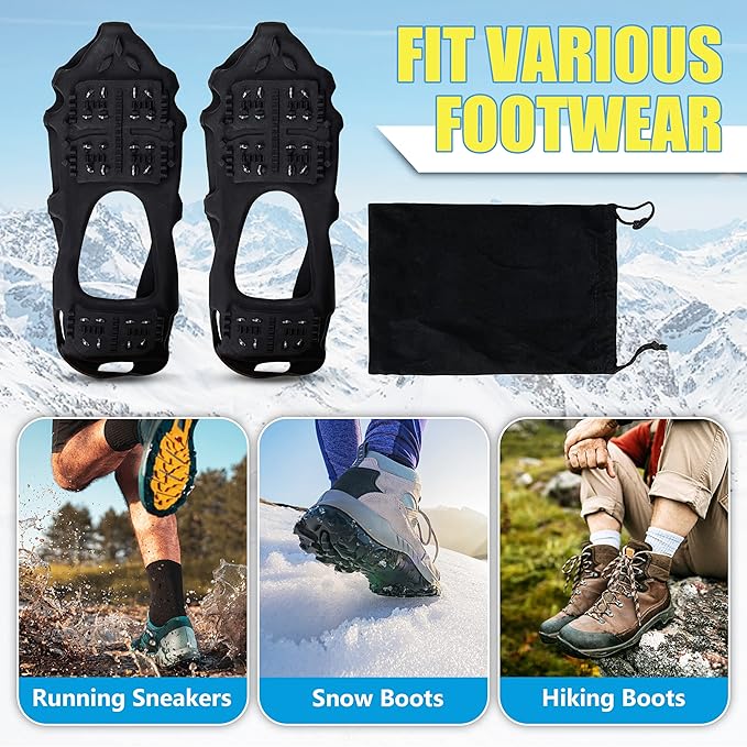 Ice Cleats Snow Traction Cleats for Shoes and Boots Anti Slip Ice Grippers Crampons for Hiking Boots Women Men Rubber Overshoe Slip-on Stretch Footwear