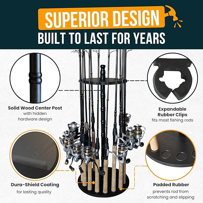 Rush Creek Creations | Fishing Rod Holder for 16 Rods, Fishing Pole Holder for Garage Organization and Storage, for Fishing Reels, Fishing Gear, Fishing Accessories, Tackle Box (360° Access)