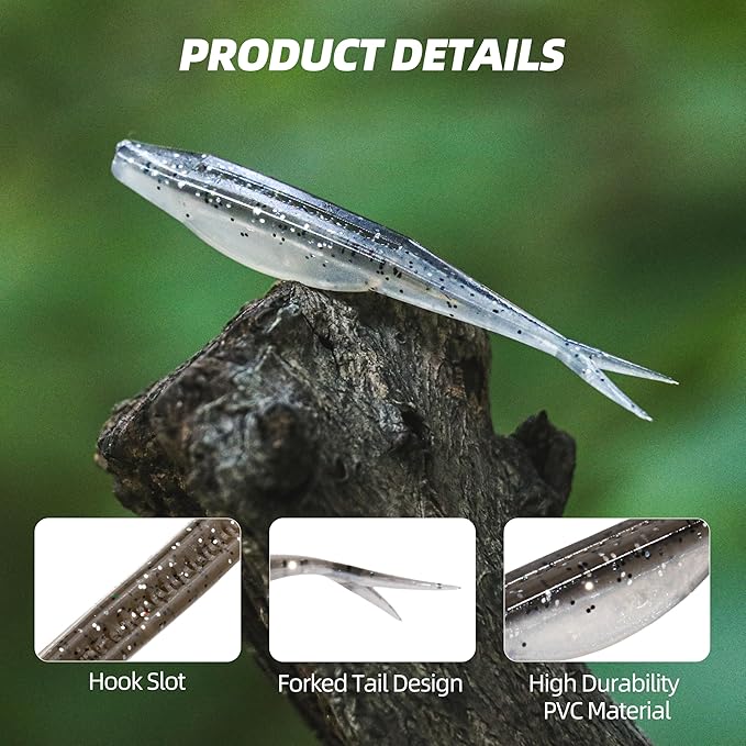 Forked Tail Soft Baits- Realistic Jerk Bait & Fluke Action Soft Lures for Bass, Trout & Crappie - Versatile Freshwater & Saltwater Fishing Bait (2.75"-5")