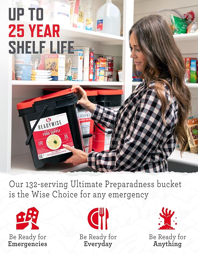 ReadyWise Emergency Food Supply - 132 Servings, Survival Bucket, Dehydrated & Freeze Dried Protein Meals, Camping Essentials, Ready to Eat Disaster Prepping Supplies,up to 25 Year Shelf Life