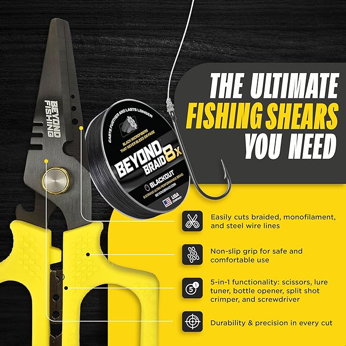 Beyond Fishing 6.5" Pro Fishing Shears Dual Serrated Blades, Fishing Braided Line Scissors with Titanium Coating, Non-Slip Grip & Multifunction Tool, Includes Hard Molded Locking Sheath